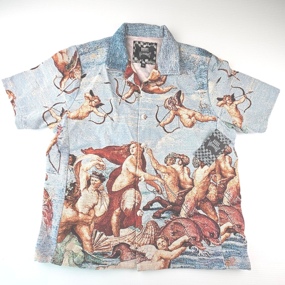 Rebel Vengeance Renaissance Tapestry Shirt XL Cherub Woven Button Down Blue New